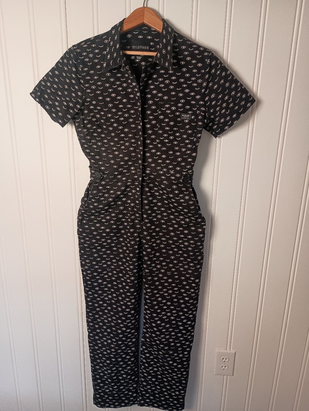 Wildfang- Black Short-Sleeve Jumpsuit with White Eyes Micro Print- Size M
